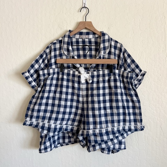 J Crew Linen Cotton Gingham Short Pajama Matching Set 3X Blue White Gingham - Picture 2 of 9